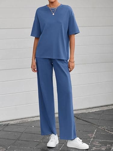 BTFBM Summer Outfits For Women 2026 Two Piece Sets Casual Short Sleeve Spring Tops Wide Leg Pants Matching Lounge Set(Blue, X-Large) - Thumbnail 3