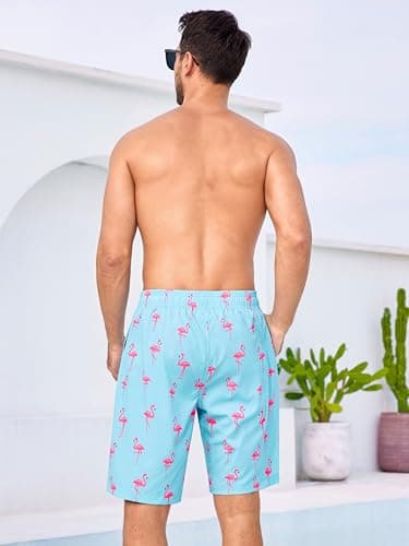 SILKWORLD Mens Swimming Trunks with Compression Liner 2 in 1 Quick-Dry 9" Swim Shorts with Zipper Pockets, Blue Pink Flamingo, XX-Large - Thumbnail 3
