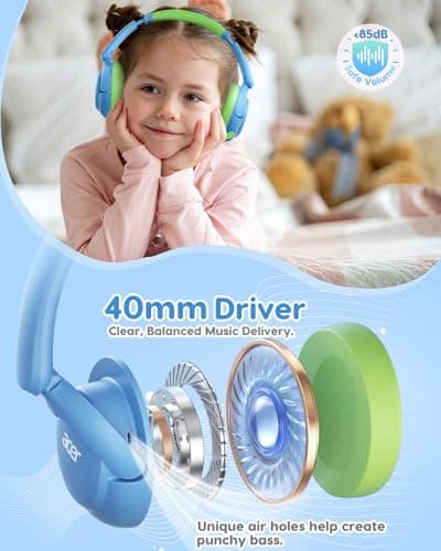 acer Kids Bluetooth Headphones, 85dB Volume Limiter, Foldable Wireless Over-Ear Headphones for iPad, Travel, 75H Playtime, Bluetooth 5.4, Built-in Mic, Blue Green - Thumbnail 2