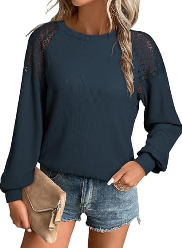 EVALESS Womens Long Sleeve Shirts Business Casual Work Lace Patchwork Spring Fall Tops for Women 2025 Trendy Crewneck Waffle Knit Basic Tee Loose Fit Ladies Tops and Blouses Clothes Blue Large - Image 1