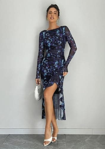 ECOWISH Women's Spring Wedding Guest Dress 2026 Long Sleeve Ruched Bodycon Floral Ruffle Cocktail Party Maxi Dresses Black Large - Thumbnail 3