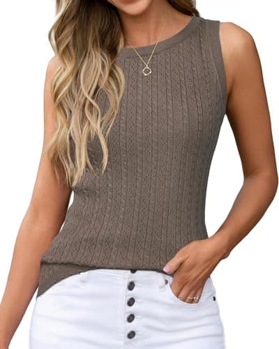 Arach&Cloz 2026 Womens Cashmere Tank Tops Summer Spring Sleeveless Vest Cable Knit Hollow Out Lace Crew Neck Soft Sweater Cute Fashion Dressy Business Casual Outfits Trendy Work Clothes Coffee XXL - Image 1