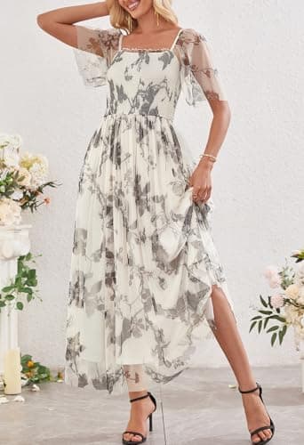 MEROKEETY Women's 2025 Summer Short Sleeve Floral Tulle Dress Square Neck Smocked Party Wedding Boho Maxi Dresses, Beige, XL - Thumbnail 4