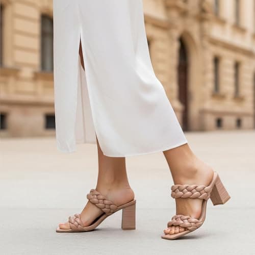 Athlefit Women's Braided Heeled Sandals Fashion Square Open Toe Comfortable Slip on Block Nude Heels Size 9.5 - Thumbnail 2