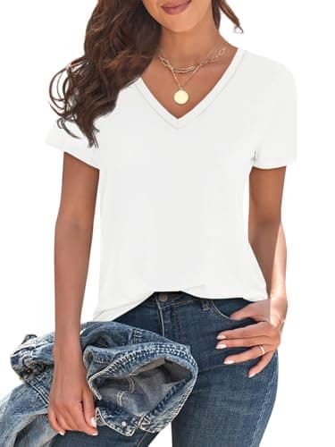 Imily Bela Womens V Neck Short Sleeve T Shirts Soft Lightweight Casual Basic Tees Solid Summer Tops 2026 White - Image 1