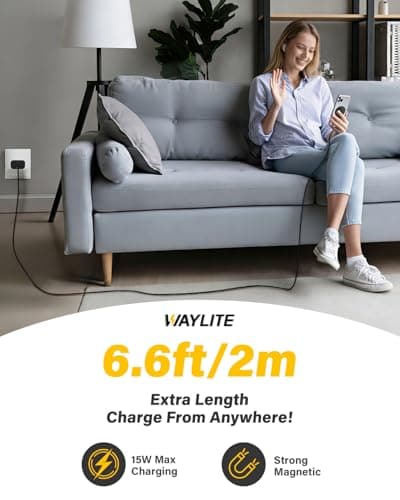 6FT Magnetic Wireless Charger Charging Pad - 15W Fast Mag-Safe Phone Charger for Apple iPhone 17 16 15 14 13 12 Series & AirPods 4 3 2 Pro, Phone Charging Pad with Plug for Desk & Travel, 2Pack Black - Thumbnail 6