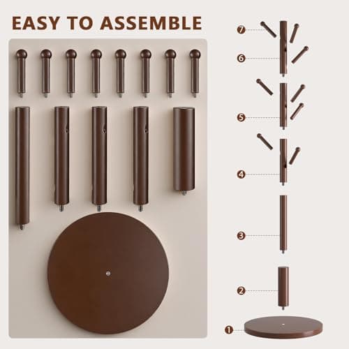 ACIPENSER Coat Rack Freestanding Wooden Coat Tree Stand with 8 Round-tip Hooks, 3 Adjustable heights Coat Hat Rack for Entryway,Bedroom,Hallway,Office (Brown) - Thumbnail 6