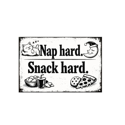 Nap Hard Snack Hard Vintage Tin Sign Funny Cat Wall Decor Black and White Retro Metal Plaque Humor Kitchen Snack Room Wall Art 8x12 Inch Pre Drilled Holes - Image 1