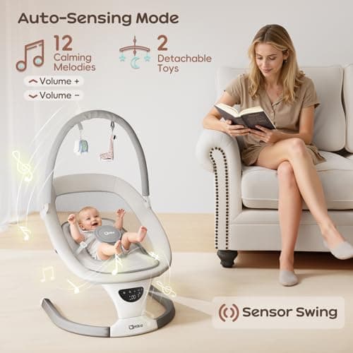 AMKE Baby Swing for Infants with Spacious & Breathable Mesh Seat, Lightweight Portable Baby Rocker Swing with 5-Speeds, 3 Timer & 12 Lullabies, Gentle Sway for Newborn Max 20 Lbs - Thumbnail 5