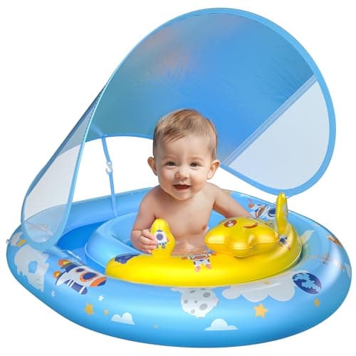 WayEee Baby Pool Float with UPF50+ Canopy - Inflatable Swim Float, Adjustable Safety Seat, Toy Play Console, Sun Protection for Baby 6-36 Months, Infant, Todder Summer Gift, Pool, Bathtub, Beach, Blue - Image 1