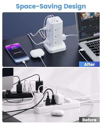 Power Strip Tower with Surge Protector 1800J, Fast Charging Tower PD20W USB-C Ports with 12 AC Outlets, 10ft Extension Cord for Home Office Dorm Room, White - Thumbnail 6