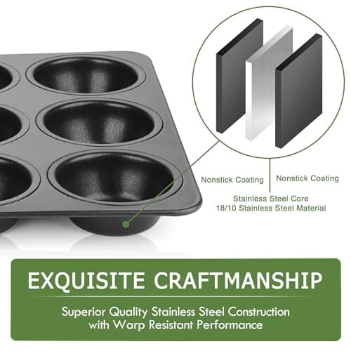 Herogo 12-Cup Nonstick Muffin Pan Tin for Baking, Metal Nonstick Cupcake Tray Set for Making Egg Muffin Quiches, Mini Brownie, Easy to Clean & Quick Release, Oven & Dishwasher Safe, Black - Thumbnail 3