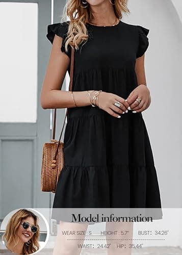 KIRUNDO Womens Dresses Summer Casual Sleeveless Ruffle Sleeve Round Neck Black Loose Short Flowy Pleated Mini Babydoll Dress(Black, X-Large) - Thumbnail 4