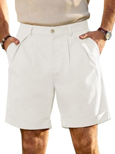 JEMLDL Mens White Cotton Linen Shorts Casual Pleated Summer Beach Resort Elastic Waist 7 Inch Inseam Lightweight Shorts with Pockets X-Large - Image 1