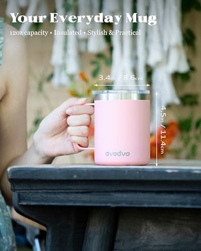 avodvo 12oz Insulated Coffee Mug with Lid – Includes Two Lids, Stainless Steel Coffee Travel Mug with Handle, Double Wall Vacuum Insulated Camping Mug for Home, Office & Outdoor, Light Pink - Thumbnail 4
