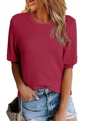 Dokotoo Women's Summer Crewneck Waffle Knit Oversized Shirt Henley Short Lantern Sleeve Tops Casual Loose Fit Blouses Red Dahlia Tee Shirts Workout Tunic Tops for Women Small - Image 1