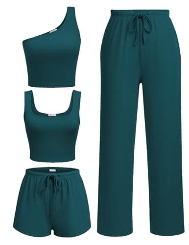 Ekouaer Womens 4 Piece Lounge Sets Ribbed Knit Crop Tank Top and Shorts Pants Casual Outfits Lake Green - Image 1