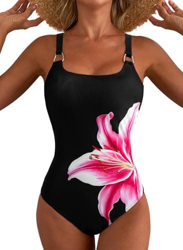Herseas Women's Metal Ring Adjustable Wide Straps Wire Free Black One Piece Swimsuit Floral Print Tummy Control Slimming Bathing Suit Modest Cruise Essentials X-Large - Image 1