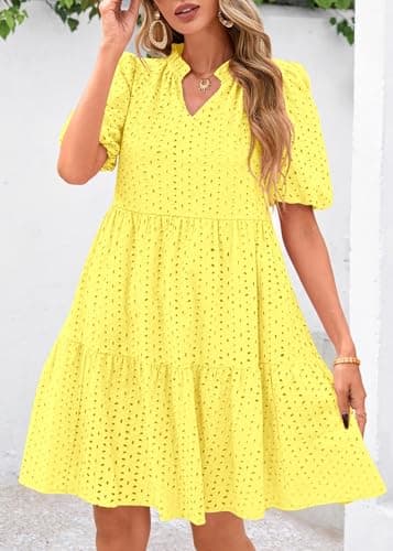 KIRUNDO Eyelet Summer Dresses for Women 2026 Mini Casual Hollow Out Short Sleeve Lace Tiered V Neck Shift Dress Pockets(Yellow, Large) - Thumbnail 4