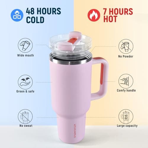 XTUSIMPLE 40oz Insulated Tumbler with Handle and Straw Lid, Stainless Steel Travel Mug - 12H Hot & 48H Cold, Fit in Cup Holder, for Travel, Gym, Office, Car, Outdoors - Gifts for Women and Men (Pink) - Thumbnail 2