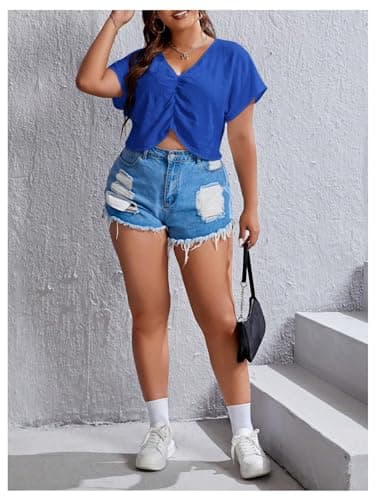 MakeMeChic Women's Plus Size Ruched Front Short Sleeve Shirts Casual V Neck Crop Top Blouse Royal Blue 0XL - Thumbnail 5