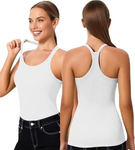 ZYQEXA Workout Tank Tops for Women with Built in Bra, Loose Sleeveless Gym Tops Seamless Racerback Athletic Yoga Shirts, White, S - Image 1