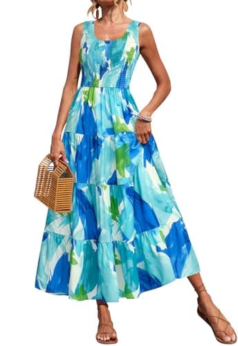 PRETTYGARDEN Elastic Straps Casual Dresses for Women Loose Maternity Dress Sleeveless Floral Beach Vacation Outfits for Women (Blue Green White Flower, XX-Large) - Image 1