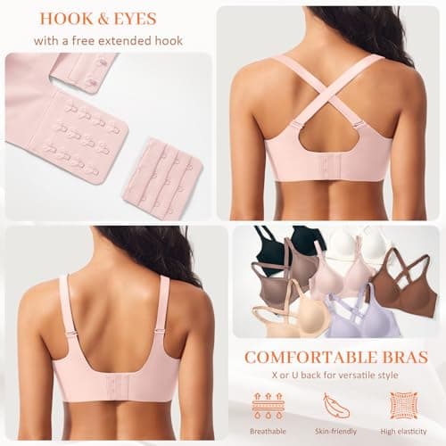 Wireless Jelly Bras for Women V Neck Seamless No Underwire Tshirt Bras Comfortable Padded Bralettes Everyday Bra with Support(A1#Pink(v Neck),Large) - Thumbnail 4