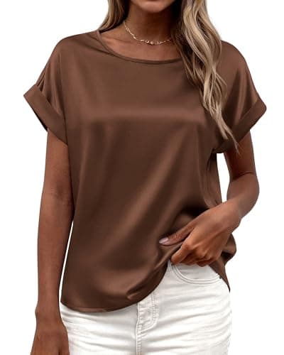 BTFBM Womens Summer Tops Satin Blouses Dressy Casual Loose Crewneck Short Sleeve Shirts 2026 Work Business Outfits(Chocolate Brown, Small) - Image 1
