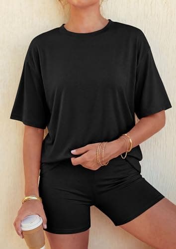 PRETTYGARDEN 2026 Women's Summer 2 Piece Sets Casual Lounge Set Short Sleeve Tops Shirts Shorts Travel Beach Vacation Outfits (Black,X-Small) - Thumbnail 4