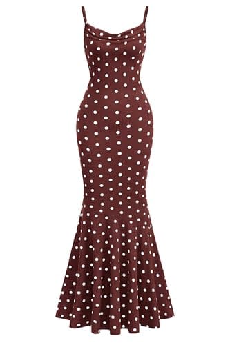 PRETTYGARDEN Womens Summer Dresses 2026 Polka Dot Spaghetti Strap Cowl Neck Bodycon Wedding Cocktail Mermaid Maxi Dress(Dot Brown White,Medium) - Image 1