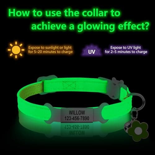 Personalised Glow in The Dark Cat Collar with Bell, Adjustable Breakaway Safety Luminous Collar with Stainless Steel Name Tag Fluorescent Glow (Grow in The Dark) - Thumbnail 3