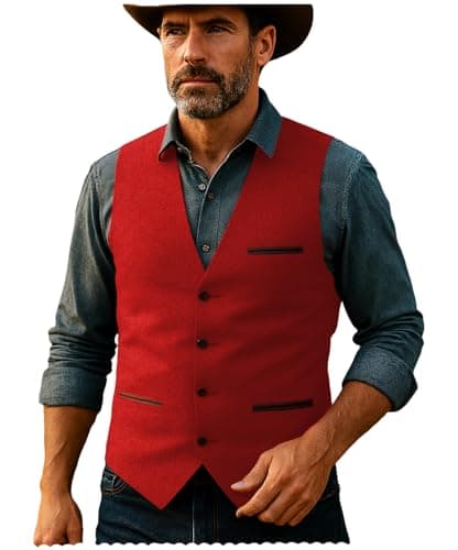 HSLS Mens Herringbone Wool Vests Tweed Suit Waistcoats Vintage Retro Slim Fit(Large, Red) - Image 1