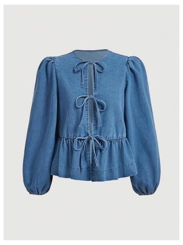 MakeMeChic Women's Denim Blouse Jean Tops Casual Bow Tie Front Lantern Sleeve Top Crew Neck Ruffle Hem Shirt Light Wash Small - Thumbnail 5