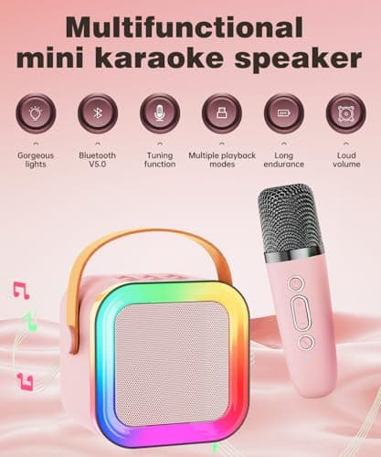 Mini Karaoke Machine Speaker for Kids Adults,Portable Bluetooth with 1-2 Wireless Microphones,Christmas Birthday Gifts Toys Girls Boys Ages 4, 5, 6,7, 8,9,10,11,12+ Years Old Toddler (Pink - 2 Mic) - Thumbnail 2
