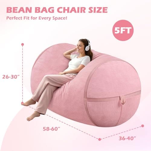 HABUTWAY Bean Bag Chair, 5FT Giant Bean Bag Chair with Memory Foam, Ultra-Soft Corduroy Cover & Zipper Design, Portable Handle – Comfy Bean Bag Sofa for Living Room, Bedroom, No Assembly - Pink - Thumbnail 2