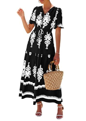 Lazysmile Summer Dresses for Women Short Sleeve V Neck Floral Drawstring Flowy A Line Boho Maxi Dress with Pockets Black - Image 1