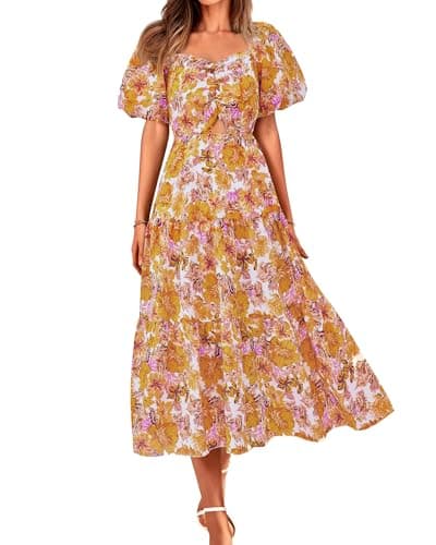 BTFBM Women's Clothing Spring Summer Dresses 2026 Beach Vacation Short Sleeve Smocked Back Boho Casual Floral Maxi Dress(Floral Yellow, Medium) - Image 1
