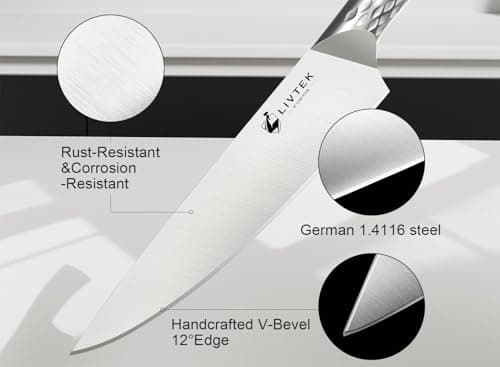 Livtek Kitchen Knife Set with Block: 15-Piece German Stainless Steel with Dual Sharpener for Cook Enthusiasts - Covers 95% Kitchen Tasks - Silver Full-Tang Ergonomic Handle, Dishwasher Safe, Gift Box - Thumbnail 4