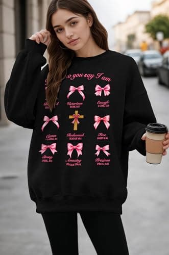 Ladicme Christian Sweatshirts for Women Oversize Pink Bow Graphic Pullover Top Casual Loose Fit Tops I Am Who You Say I Am shirt - Thumbnail 3