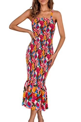 PRETTYGARDEN Women's Summer Floral Midi Tank Dress Sleeveless Strappy Ruffle Hem Smocked Bodycon Dresses (Pink Blue Floral,X-Large) - Image 1