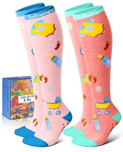 Lalapapa Cotton Compression Socks for Women - 15-20mmHg Cushioned Sole, Soft Breathable for Pregnancy Travel Nurse, Two-tone Pink Maternity, 2XL - Image 1