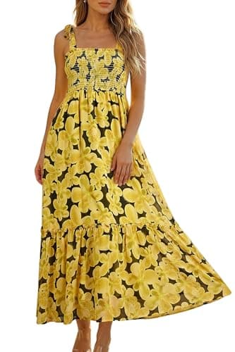 Lesuxa Women's Summer Maxi Dress Casual Boho Spaghetti Strap Suspenders Square Neck Smocked Beach Sundresses (US, Alpha, X-Large, Regular, Regular, Yellow Flower) - Image 1