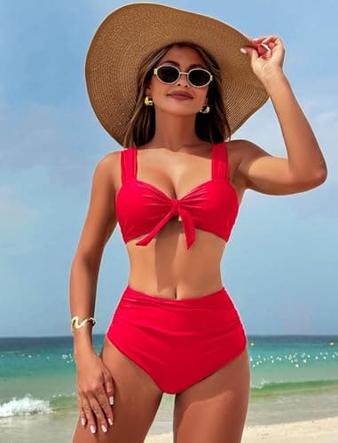 ZAFUL Bikini Sets for Women Tie Knot Push Up Two Piece Tummy Control Modest Swimsuits High Waisted Bathingsuits for Women Over 50 Red L - Thumbnail 2