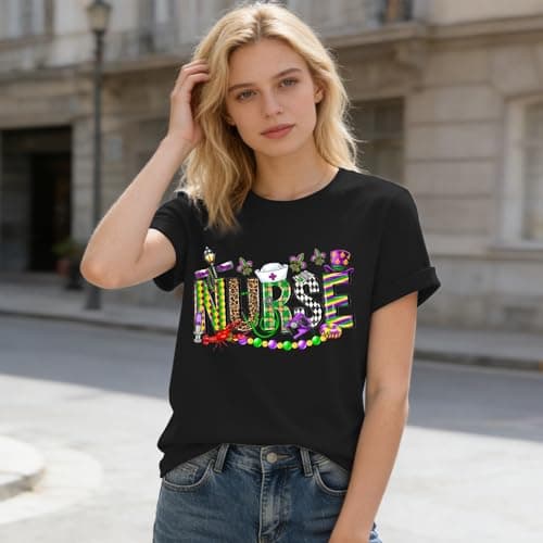 Mardi Gr Nurse Shirt for Women – New Orleans Party Tee Tops Fat Tuesday Short Sleeve - Thumbnail 5