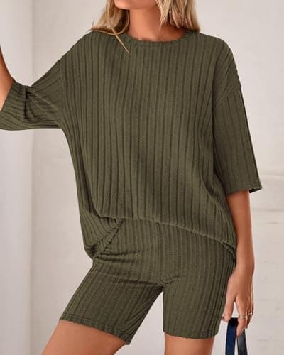 KIRUNDO Short Sets For Women Summer 2 Piece Matching Lounge Sets Casual Rib Knit Tshirts Biker Shorts Beach Vacation Outfits (Army Green, Large) - Thumbnail 6