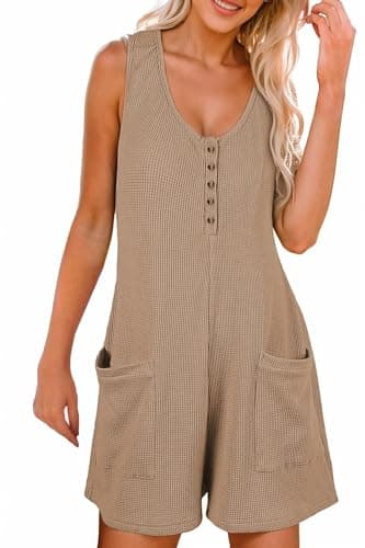 AlvaQ Romper for Women 2025 Summer Casual Jumpsuit Solid Round Neck Loose Fit Waffle Knit Beach Shorts Outfits Rompers with Pockets,Brown,Small - Image 1