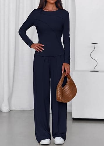 Lazysmile Lounge Sets For Women 2 Piece Sets Fall Outfits Long Sleeve Tops with Wide Legs Pants Casual Matching Set - Thumbnail 4