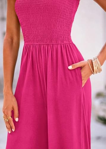 KIRUNDO Womens Overalls Dressy Casual Plus Size Smocked Wide Leg Sleeveless One Piece Jumpsuits for Women Wide Strap Long Pant Rompers Trendy Outfits(Rose Red, XX-Large) - Thumbnail 5