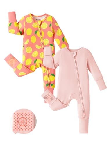 PATPAT Baby Footie Romper, viscose from bamboo, long sleeve, 2-way zipper, fold-over mittens, anti-slip grips, soft baby clothes gift for boys and girls Blush Lemon 12-18 Months - Image 1